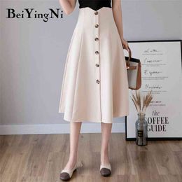 High Waist Elegant Swing A Line Skirt Women Solid Colour Black Work Wear Office Ladies Skirts Single-breasted Vintage 210506