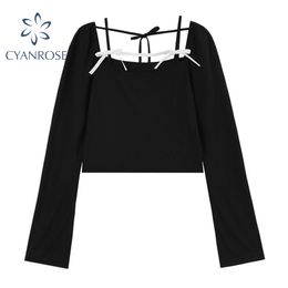 Summer Women's Bodycon Crop Tees Female Long Sleeve Strap Bow Design Black T Shirt Elegant Korean Sexy Club Bar Trendy Tops 210417