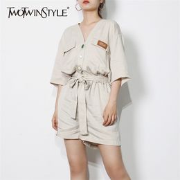 Loose Patchwork Jumpsuit For Women V Neck Short Sleeve High Waist Casual Jumpsuits Female Fashion Clothing 210521
