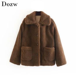 Winter Solid Teddy Women Coat Casual Thick Warm Faux Fur Jacket Pocket Single Breasted Fleece Jacket Outwear Coats 210414