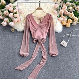SINGREINY Women Design Korean Blouse V Neck Puff Sleeve Zipper Solid Short Tops Autumn Fashion Streetwear Slim Blouses 210419