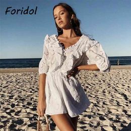 White Lace Summer Beach Dress Women V Neck Ruffle Button Up Cotton Short Embriodery Flower Hollow Out A-line 210427
