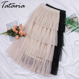 skirts womens Spring Sweet Cake Layered Long Mesh Skirts Princess High Waist Ruffled Vintage Tiered Tulle Pleated 210514