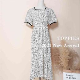 Summer Floral Printing Midi Dress Sexy Square Collar Women Short Sleeve vestidos Korean Female Clothes 210421