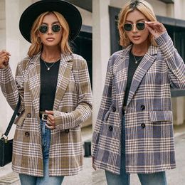 Women's Suits & Blazers Double-breasted Plaid Leisure Suit Jacket Loose Trench Coat Woman