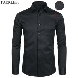 Men's Black Long Sleeve Dress Shirt Striped Twill Slim Fit Causal Business Formal Chemise Office Working Shirt with Pocket 8XL 210522