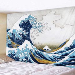 Cartoon wave sea water Printed Tapestry Decorative Mandala Tapestry Indian Home Decor Big Hippie Wall Hanging Blanket 210609