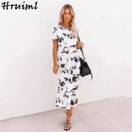 Dress Holidays Printing Elegant Summer Loose Straight Tube O Neck Midi Woman Party Casual Streetwear Thigh Slit es 210513