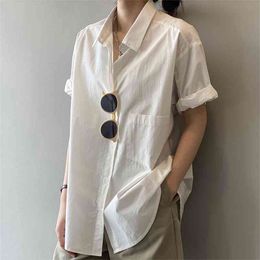 Summer Korea Fashion Women Turn-down Collar Loose Casual White Shirts Single Pocket Short Sleeve Cotton Blouse V319 210512