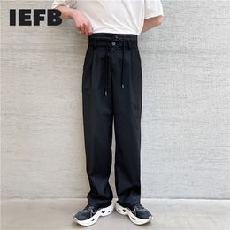 IEFB Niche Design Double Waist Patchwork Black Suit Pant For Men Simple Loose Straight Business Trousers 9Y6898 210524