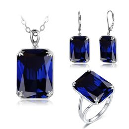 Women Jewellery Set Real Sterling Silver 925 Pendant Earrings Ring Bridal Necklace Set Vintage Blue Sapphire Female Fine Jewellery