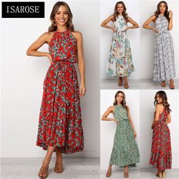 ISAROSE Lady Fashion Dress Floral Print Shoulders Cutting Summer Sleeveless Women Ankle Length Bow Waist Belt Casual Dresses 210422