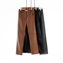 Winter Fleece Pu Leather Pants Women High Waist Straight solid Colour spliced trousers streetwear 210421