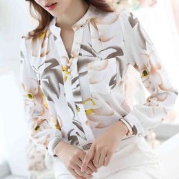 Long sleeves Fashion printed V-neck plus size 2xl women Chiffon Blouse Shirt Female Work Office Tops Blusa 882G3 210420