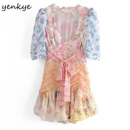 Multicolor Patchwork Floral Print Dress Women Sexy V Neck Short Sleeve Sashes Holiday Summer Asymmetric Mini Robe 210514