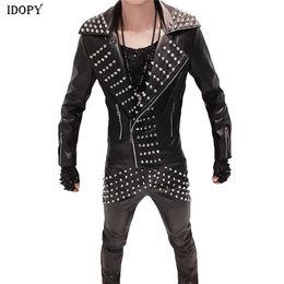 Idopy Men`s Faux Leather Jacket Rivet Studded Slim Fit Lapel Collar Motorcycle Outerwear Coat For Male 211111