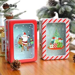 StoBag Year Gift Packaging Tin Box Merry Christmas Santa Claus Snowmen With Clear Window Party Event Candy Cookies Favours 211216