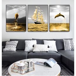 ocean life UK - Paintings And Prints Wall Art Picture For Living Room 2-42 Ocean Landscape Sailing Boat Golden Life Dolphin Canvas Posters