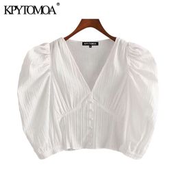 Women Sweet Fashion Buttons White Cropped Blouse V Neck Puff Sleeve Female Shirts Blusas Chic Tops 210420