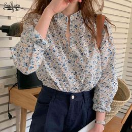 Autumn Korean Loose Chic Retro Blouse Fashion Sweet Floral Elegant Long Sleeve V-neck Shirt Women chemisier femme 10189 210427