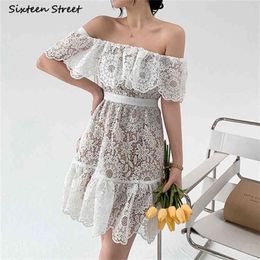 White Lace Bodycon Dress Woman Slash Neck Summer High Waist Mini Female Vintage Runway Luxury Party es Clothing 210603