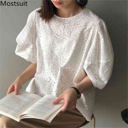 Korean Elegant Women Blouses Tops Summer Puff Sleeve O-neck Hollow Out Shirt Vintage Office Ladies Blusas Mujer 210513