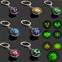 Game Genshin Impact Related Key Chain Zhongli Ganyu Keqing Peripheral Products Fashion 7 Element Luminous Pendant Key Ring G1019