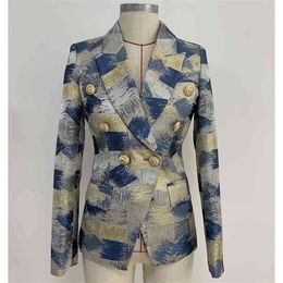 TOP QUALITY Stylish Designer Blazer Women's Lion Buttons Double Breasted Colo Block Jacquard Blazer Jacket Outer Wear 210330