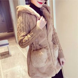 Women Winter Jacket Hooded Coat Furry Faux Fur Knit Sweater Jacket Warm Outerwear Coat Ladies Casual Coats jaqueta 211112