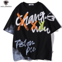 Aolamegs T Shirt Men Hit Colour Graffiti Letter Print Mens Tee Shirts Cotton Casual Tops Hip Hop Style Couple Streetwear Summer 210726