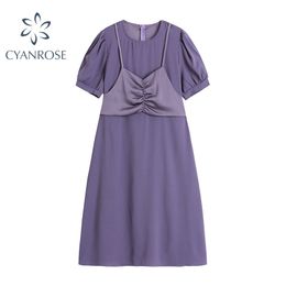 Short Sleeve Dress With Camis Fake 2 Pieces O Neck Elegant Slim Korean Solid Mid-Long Frocks Ladies Summer Stylish Vestidos 210515