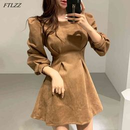 Spring Autumn Elegant Women O-neck Velvet Mini Dress Vintage Puff Sleeve A-line Office Lady Solid 210423