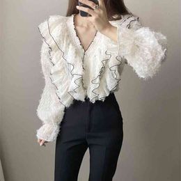 Comelsexy Sweet Gentle V-Neck Tassel Ruffles All Match Blouses Korean Chic Vintage Streetwear Office Lady Shirts 210515