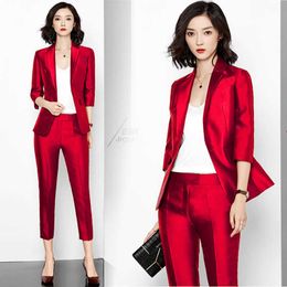 Business Blazers Suits Style Women Elegant Notched Red Pink Blazers And Slim Pants Twinsets OL Black Clothing Set NS75 210927