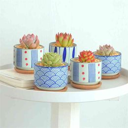3Pcs/Set Flower Pot With Bamboo tray Japanese style Ceramic Lot Mini Cement Succulent Pot Plant Bonsai Home Planter Garden Decor 210401