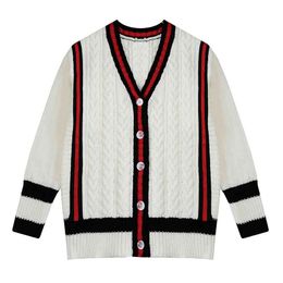 Women White Sweater Knitted Hit Color Long Sleeve Button V Neckcardigans Casual Loose M0381 210514