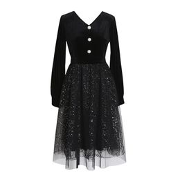 Women Vintage Mesh Solid Black V Neck Long Sleeve Knee Length Dress Sequined Velvet D1532 210514