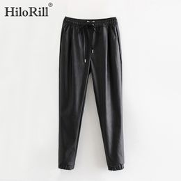 PU Leather Pants Women Long Length High Waist Black Drawstring Tie Solid Female Trousers Pocket Basic Bottoms 210508