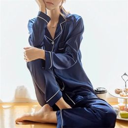 Womens Silk Satin Pyjamas Set Long Sleeve Two-pieces Sleepwear Set V-neck Nightwear Loungewear Homewear For Autumn 210330
