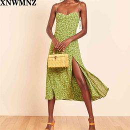 Casual Beach Boho Side Split Dress Sukibandra Summer Green Floral Print Midi for Women Vintage Spaghetti Strap es 210520
