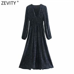 Women Vintage V Neck Printing High Elastic Wiast Court Midi Dress Femme Pleats Puff Sleeve Casual A Line Vestido DS4831 210416
