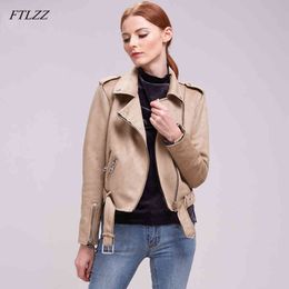 Faux Suede Leather Jacket Women Slim Zipper Biker Coat Black Motorcycle Belted Short Coats Basic Street Outwear 210423