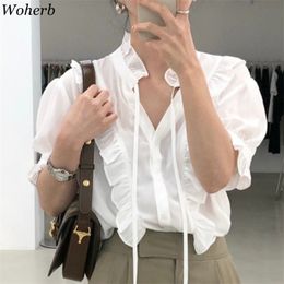Camisas Mujer Korean Chic Blouse Women Summer White Shirts Lace Up Ruffles Vintage Blusas OL Temperament Blouses Tops 210519