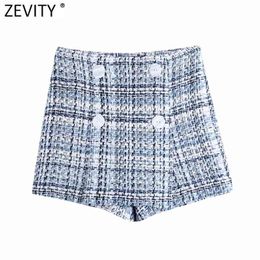 Women Vintage Double Breasted Tweed Bermuda Shorts Skirts Ladies Side Zipper Chic Casual Slim Pantalone Cortos QUN750 210420