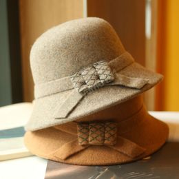 japan style autumn winter women Retro warm wool bowknot bucket cap woman fisherman hat