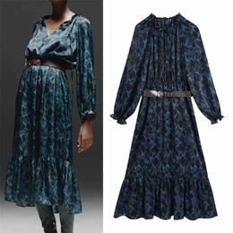 Blue Snake Print Midi Dress Women Winter Vintage Ruched Ruffle Long Sleeve Woman With Belt Elegant es 210519