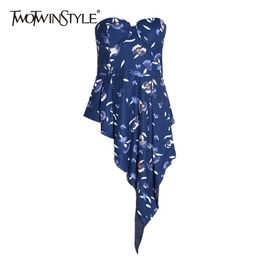 TWOTWINSTYLE Printed Floral Hit Color Shirts For Women Slash Neck Sleeveless High Waist Irregular Hem Sexy Tops Female 210517