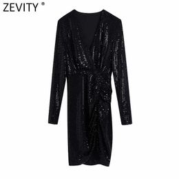 Zevity Women Sexy Cross V Neck Sequined Pleated Casual Slim Dress Female Chic Long Sleeve Brand Party Mini Vestido DS4748 210603