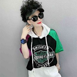 Summer Korea Fashion Women Short Sleeve Loose T-shirt All-matched Casual Print Patchwork Tee Shirt Femme Cotton Tops M55 210512