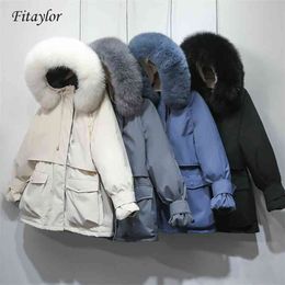 Fitaylor Winter Jacket Women Large Natural Fur White Duck Down Coat Thick Parkas Warm Sash Tie Up Zipper Snow Outerwear 210913